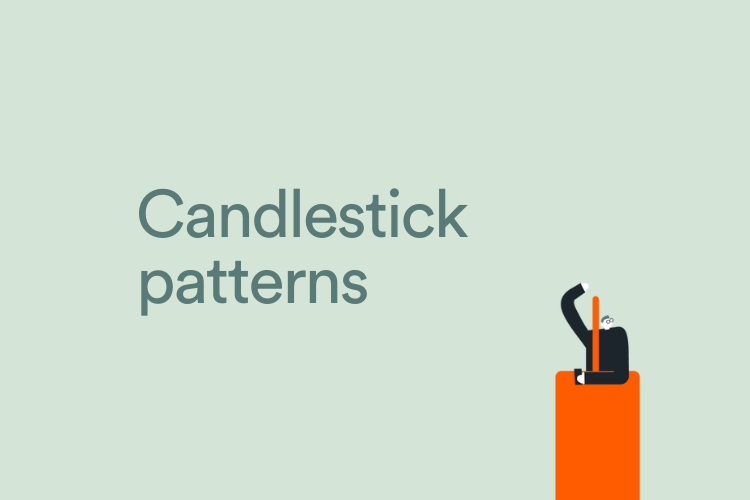Candlestick chart patterns with a graphic of a man on a candlestick