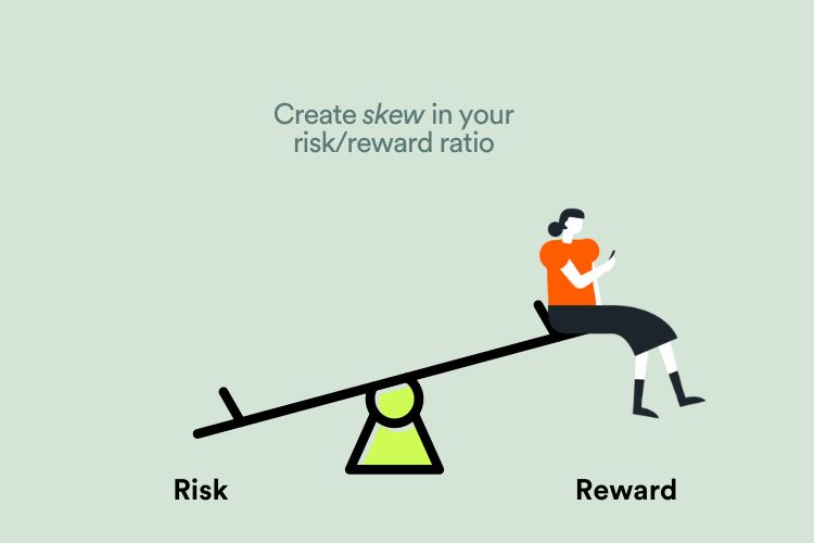 A diagram showing the balance between risk and reward with a female trader sitting on a see-saw