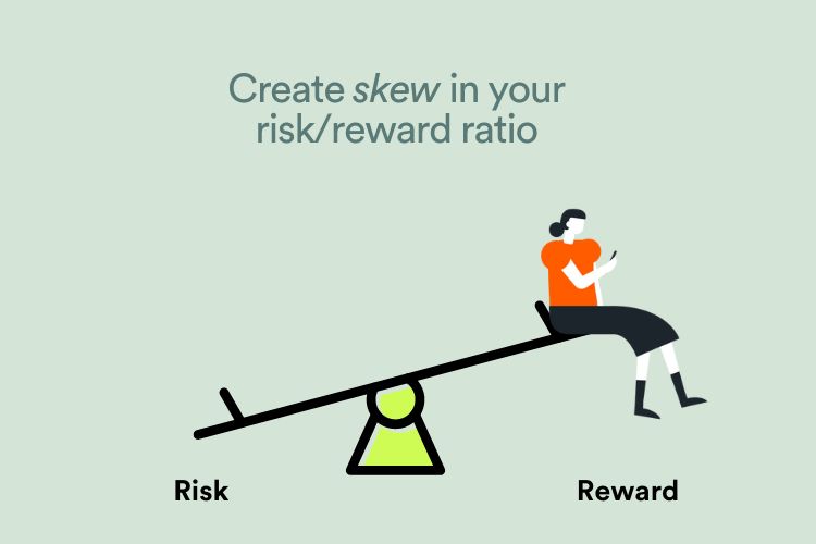 A diagram showing the balance between risk and reward with a female trader sitting on a see-saw