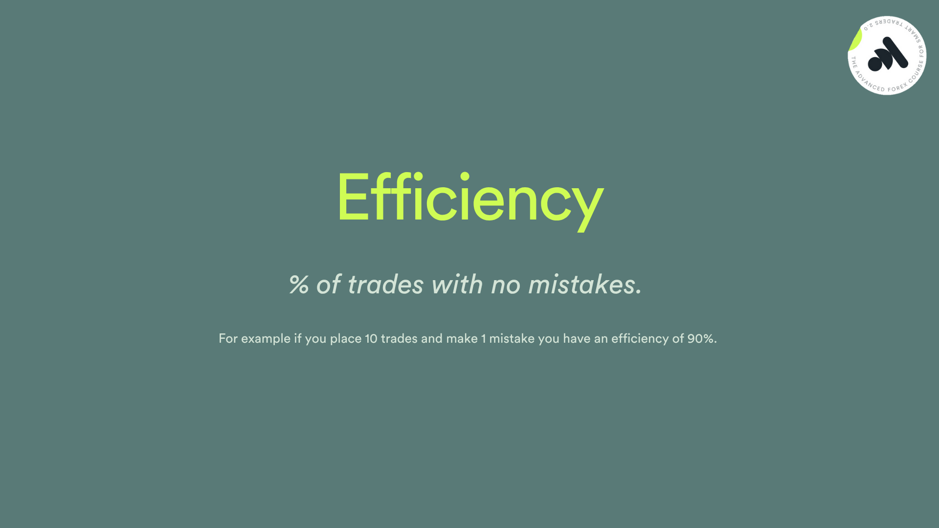 % of trades with no mistakes.
For example if you place 10 trades and make 1 mistake you have an efficiency of 90%.
Efficiency