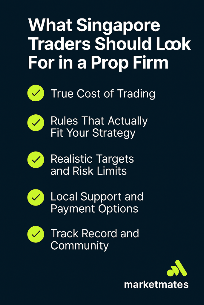 A branded infographic by MarketMates displaying a checklist titled 'What Traders in Singapore Should Look for in a Prop Firm.' It includes five key points: True Cost of Trading, Rules That Fit Your Strategy, Realistic Targets and Risk Limits, Local Support and Payment Options, and Track Record and Community.