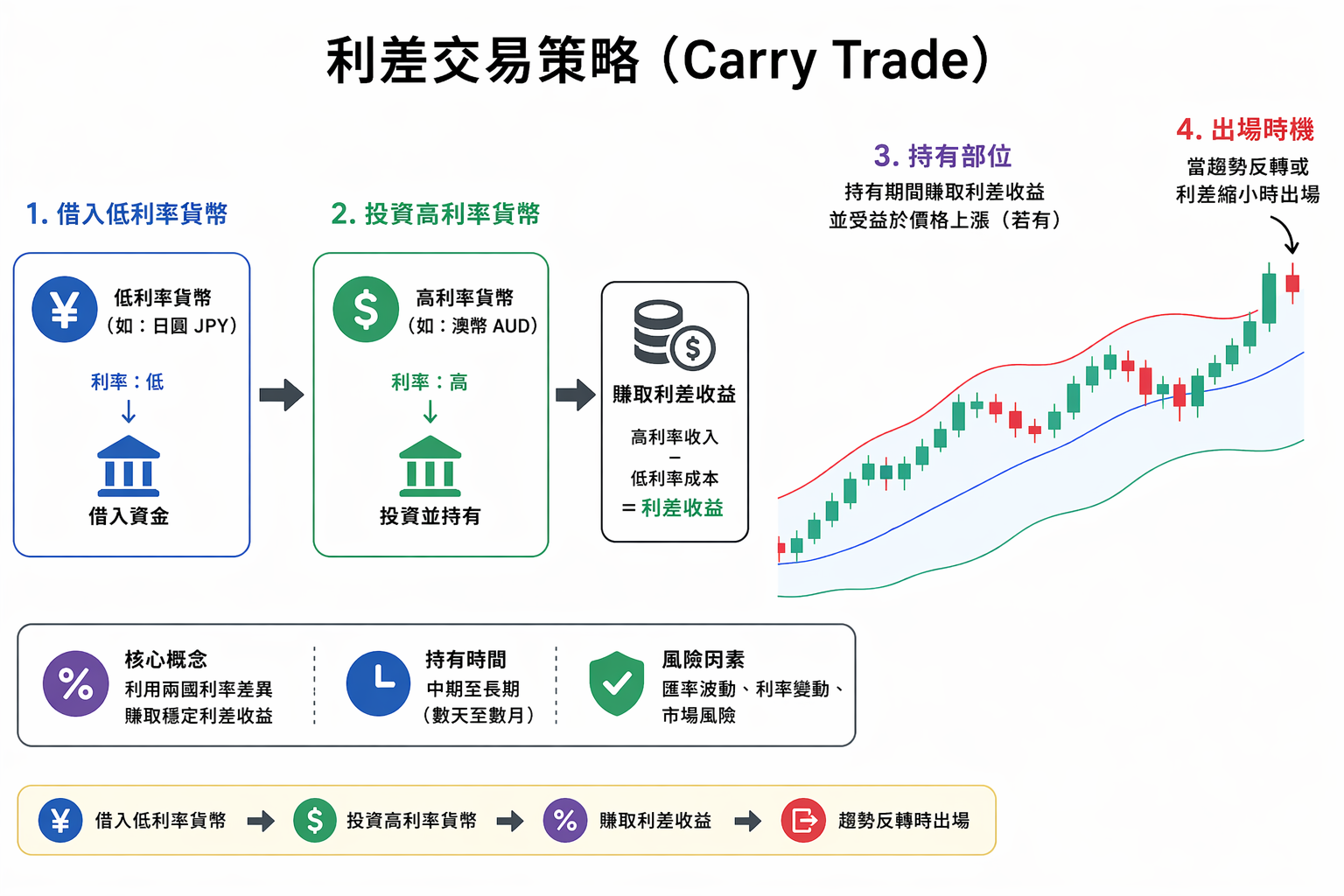 利差交易策略示意圖,顯示借入低利率貨幣並投資高利率貨幣以賺取利差收益