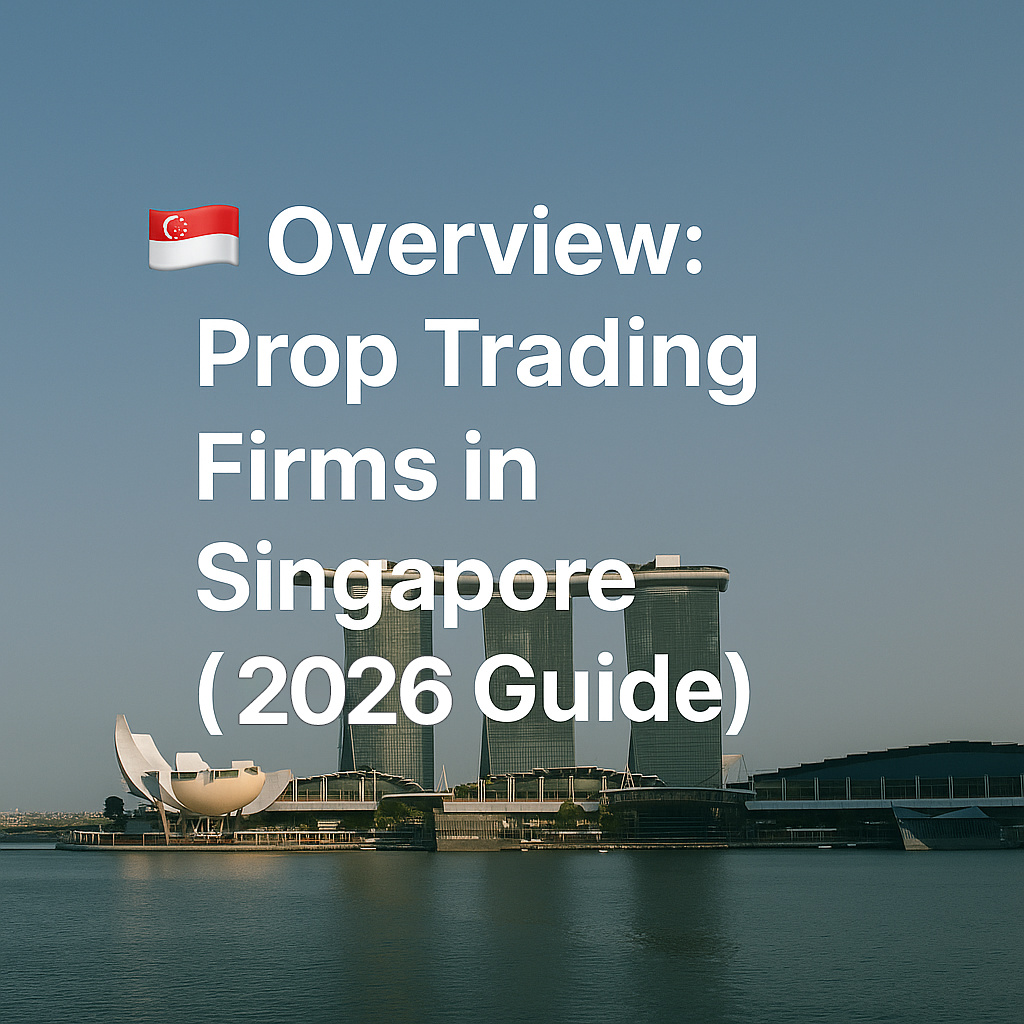 A wide-angle view of Marina Bay Sands and the ArtScience Museum in Singapore with bold white text reading 'Overview: Prop Trading Firms in Singapore (2025 Guide)' overlaid on a clear blue sky.