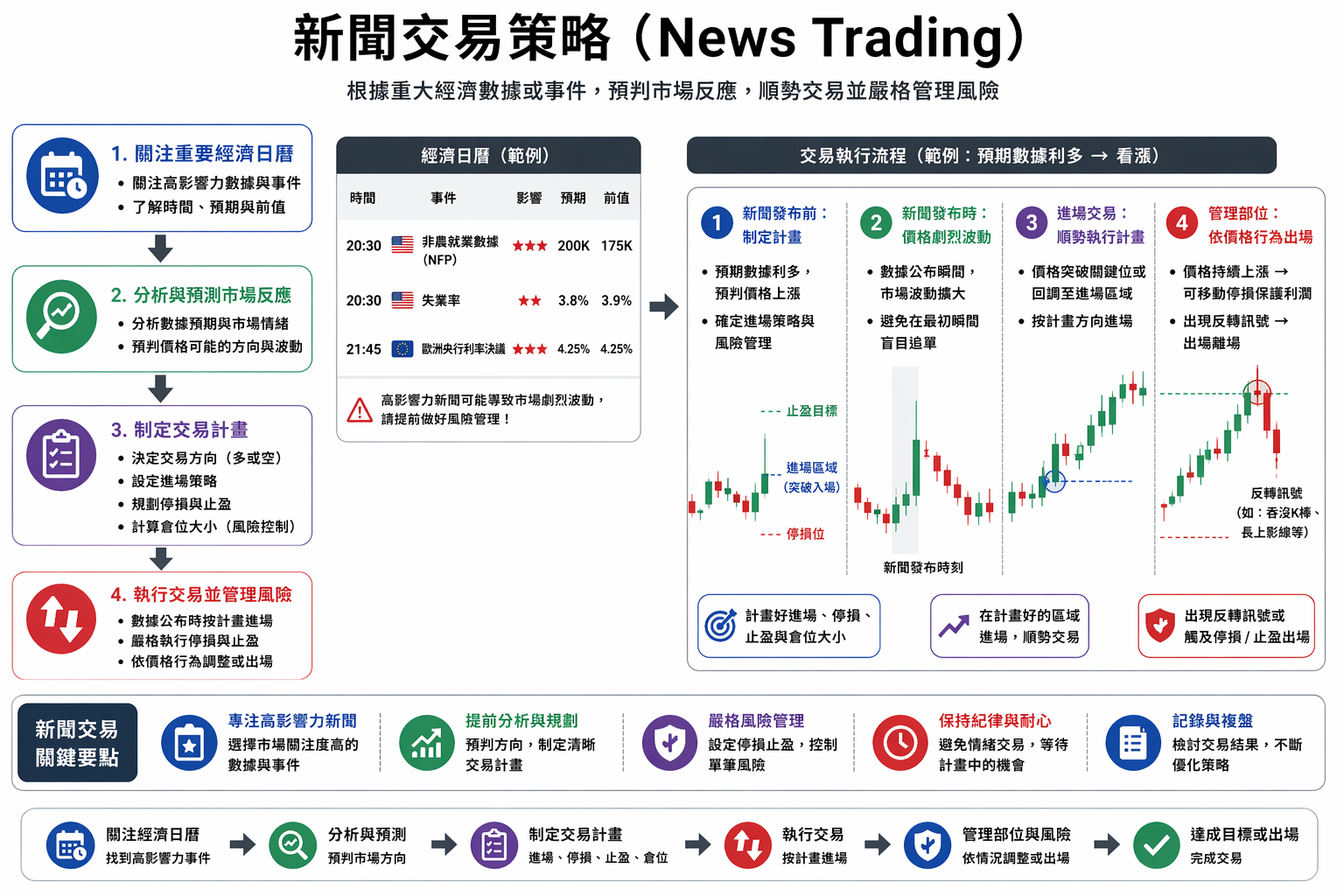 新聞交易策略示意圖,顯示在經濟數據公布前規劃方向並於發布後依計劃進場與風險管理