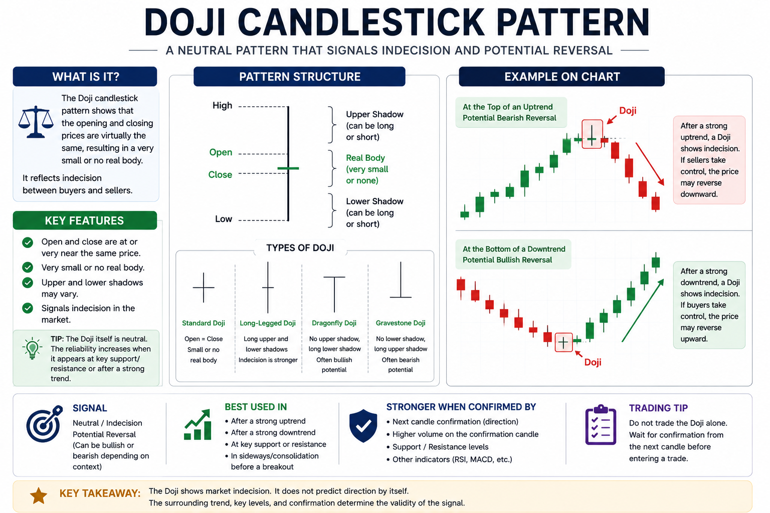 Educational infographic showing the Doji candlestick pattern, including standard, dragonfly, gravestone, and long-legged Doji examples with chart illustrations.
